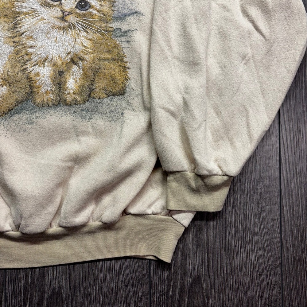 Vintage Kitten Cat Graphic Medium Collared Sweatshirt Beige Preppy Cottagecore - Picture 3 of 8